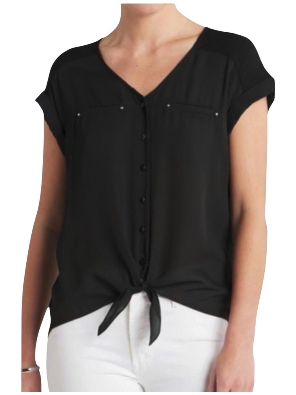 Fortune & Ivy Tie Front Mixed Media Top Blouse